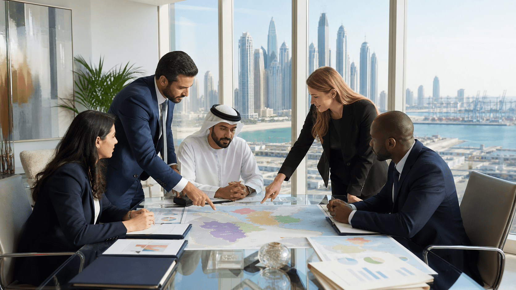 Glowing blue compliance icons and regional map outlines surround a central upward growth chart.