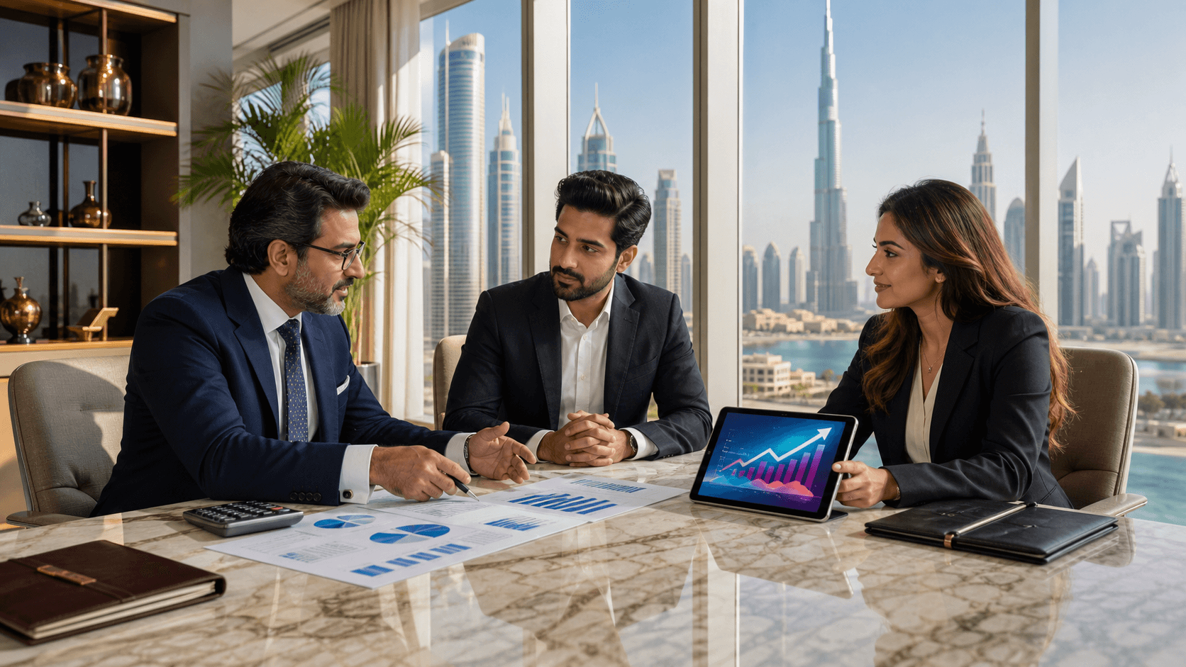 Split desk scene with a blue bank building, green growth chart, and two business plan documents.