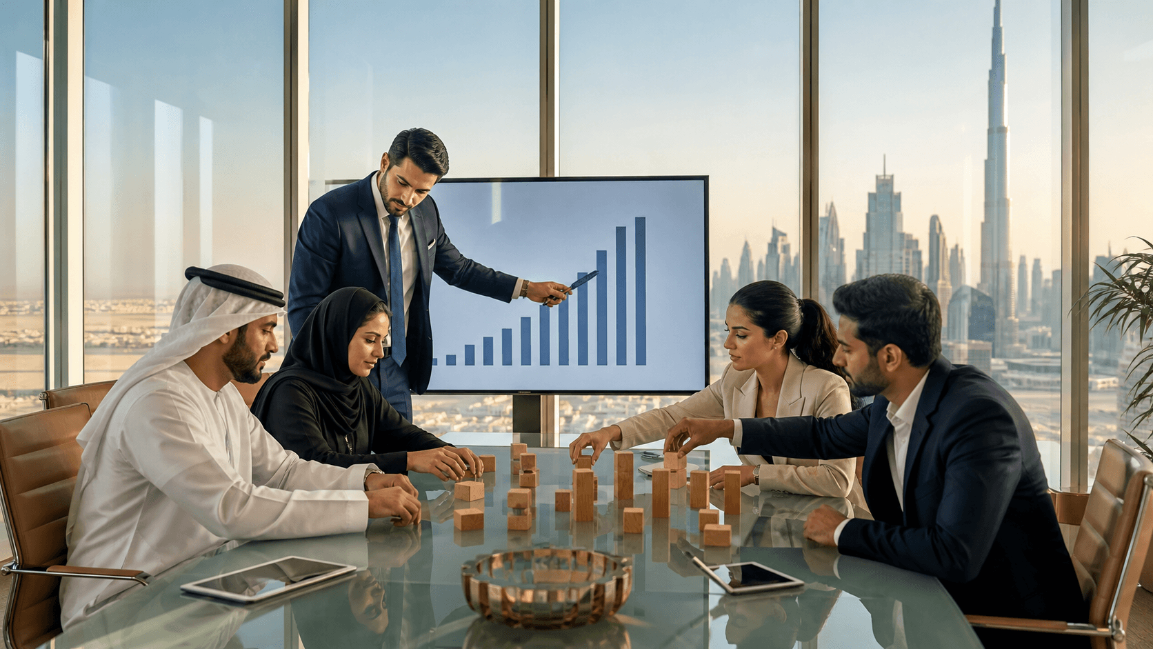 Dubai skyline with glowing financial charts, scattered coins, and red downward arrows on a dark blue background