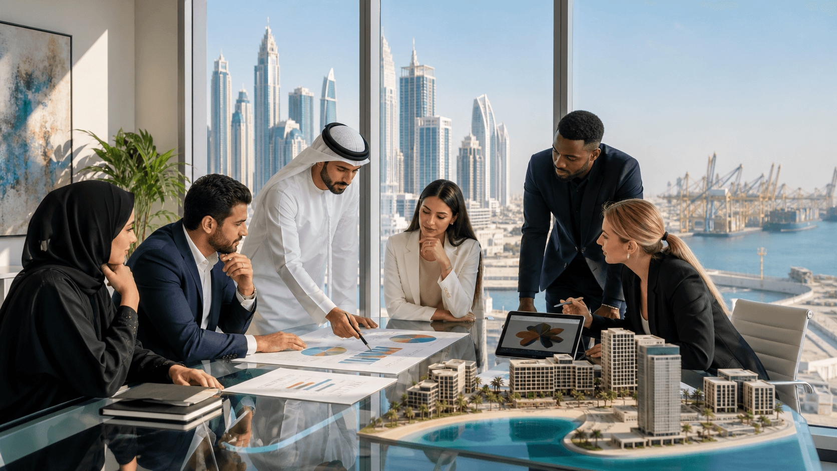 Businesswoman reviews charts on a laptop beside a city skyline, with blue graphs and warm office lighting.
