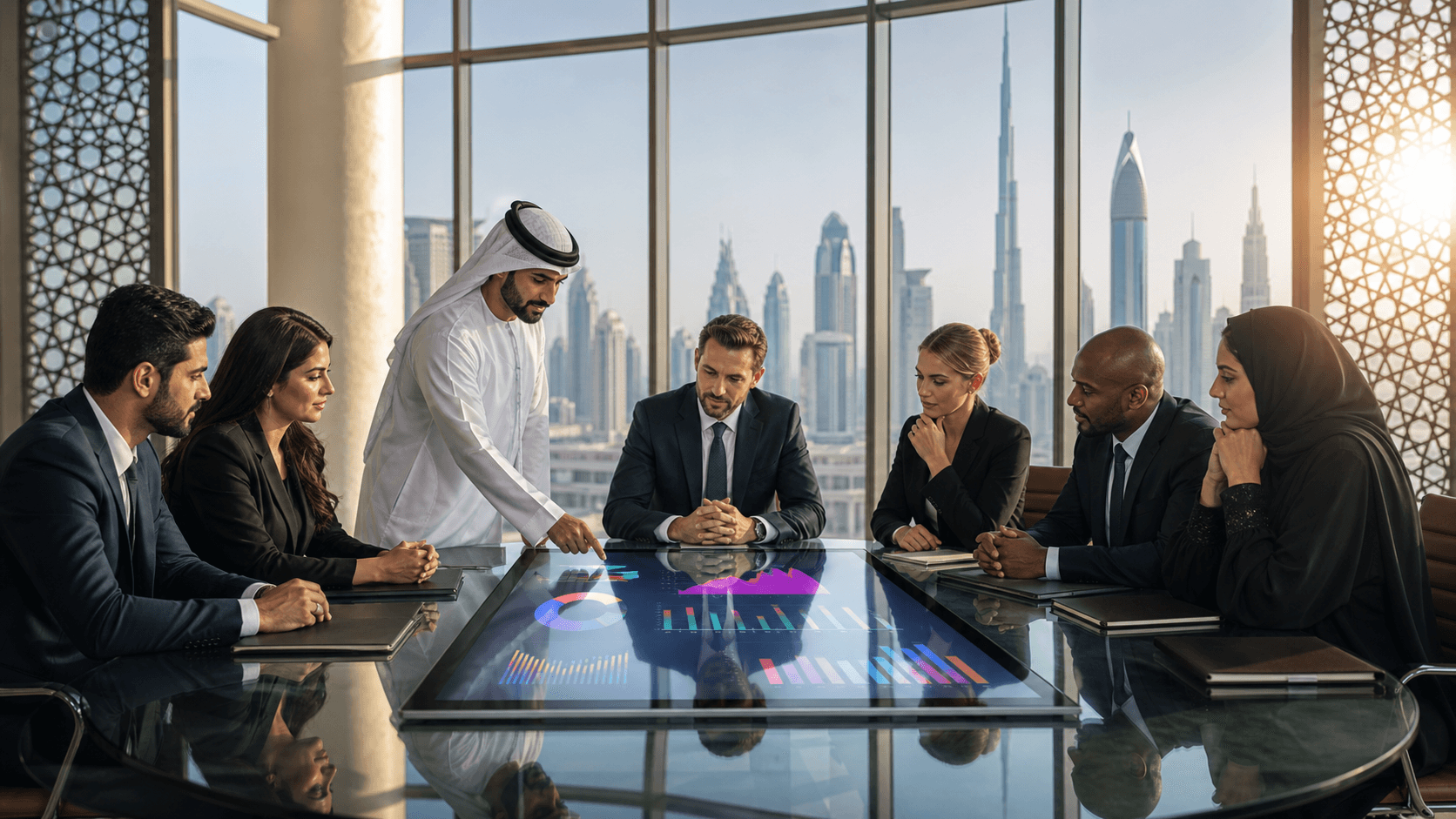 Golden skyline and investment charts overlay a UAE map beneath a glowing September calendar.
