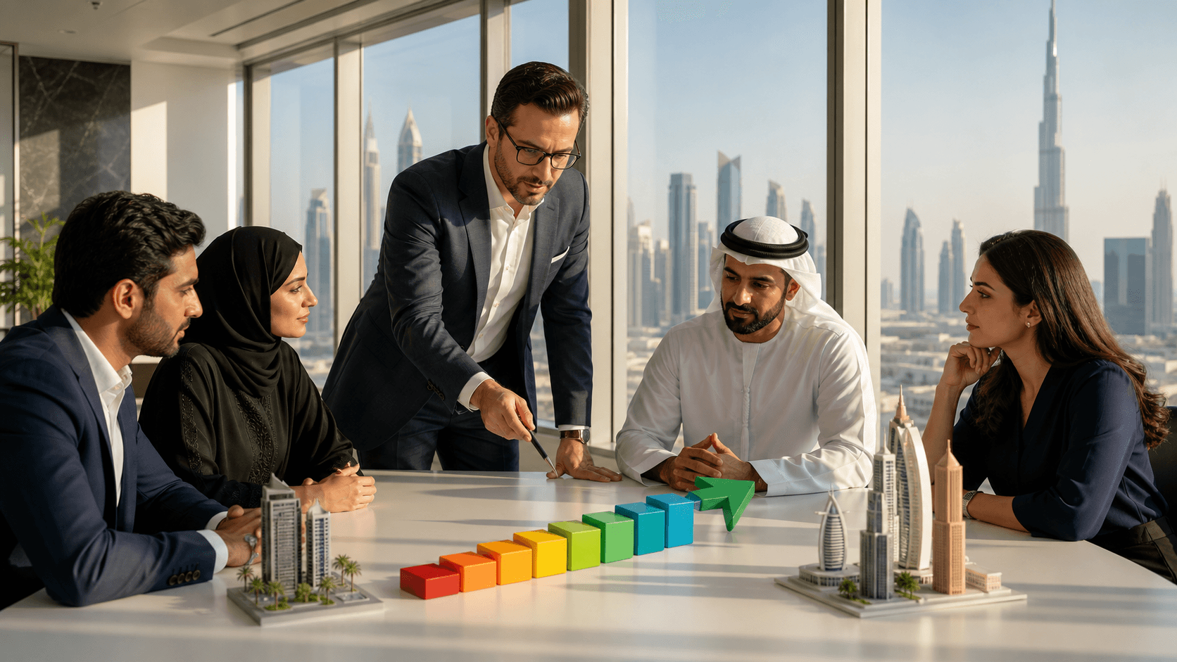 Dubai skyline with glowing skyscrapers, UAE flag colors, and connected business icons on a blue digital backdrop.