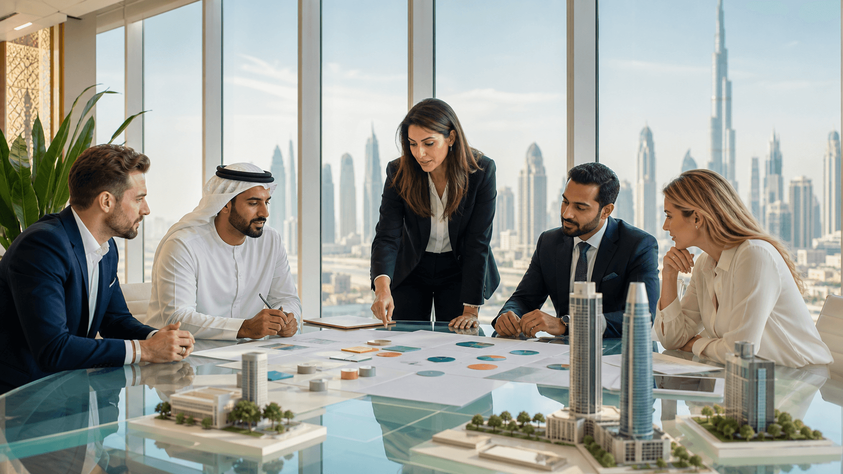 Business team reviews colorful charts on a laptop beside a glowing city skyline at dusk.