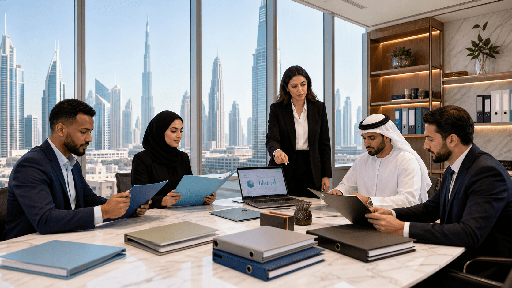 Modern office desk with audit documents, calculator, and laptop beside Dubai skyline in soft blue light.