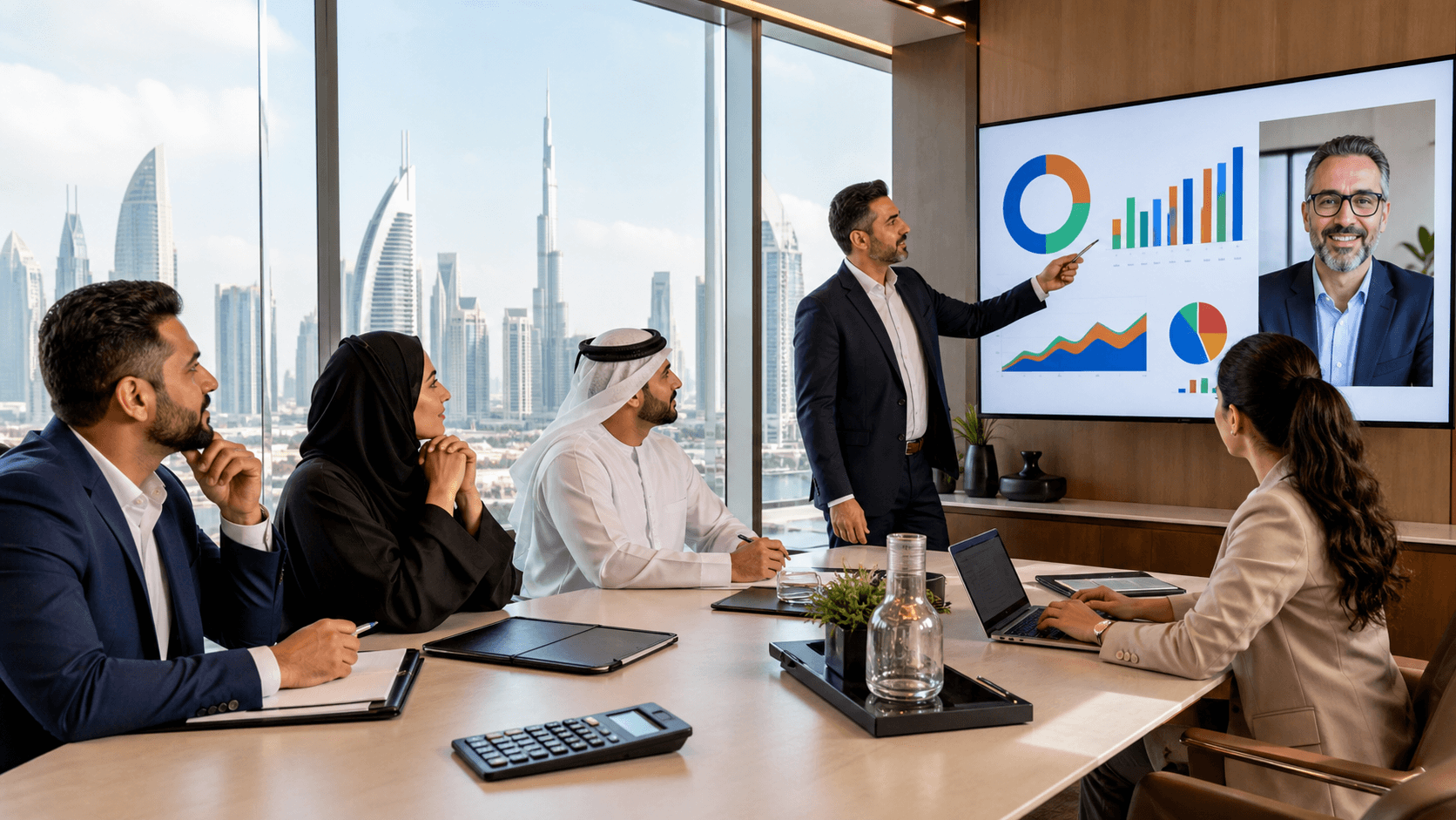 A virtual financial dashboard glows blue beside charts, coins, and a UAE skyline at dusk.