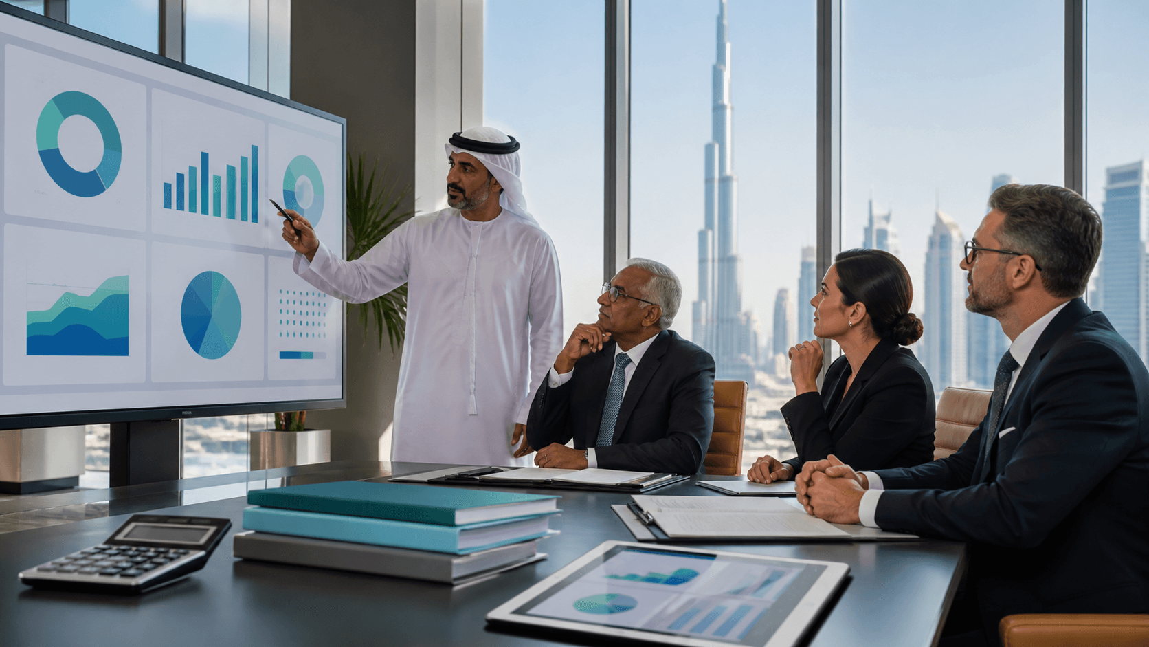 Modern Dubai skyline beside financial charts and documents in blue and gold tones.