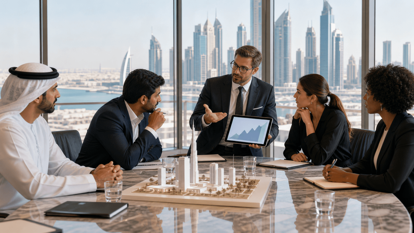 Gold compass and financial charts on a dark desk, framed by Dubai skyline at sunset