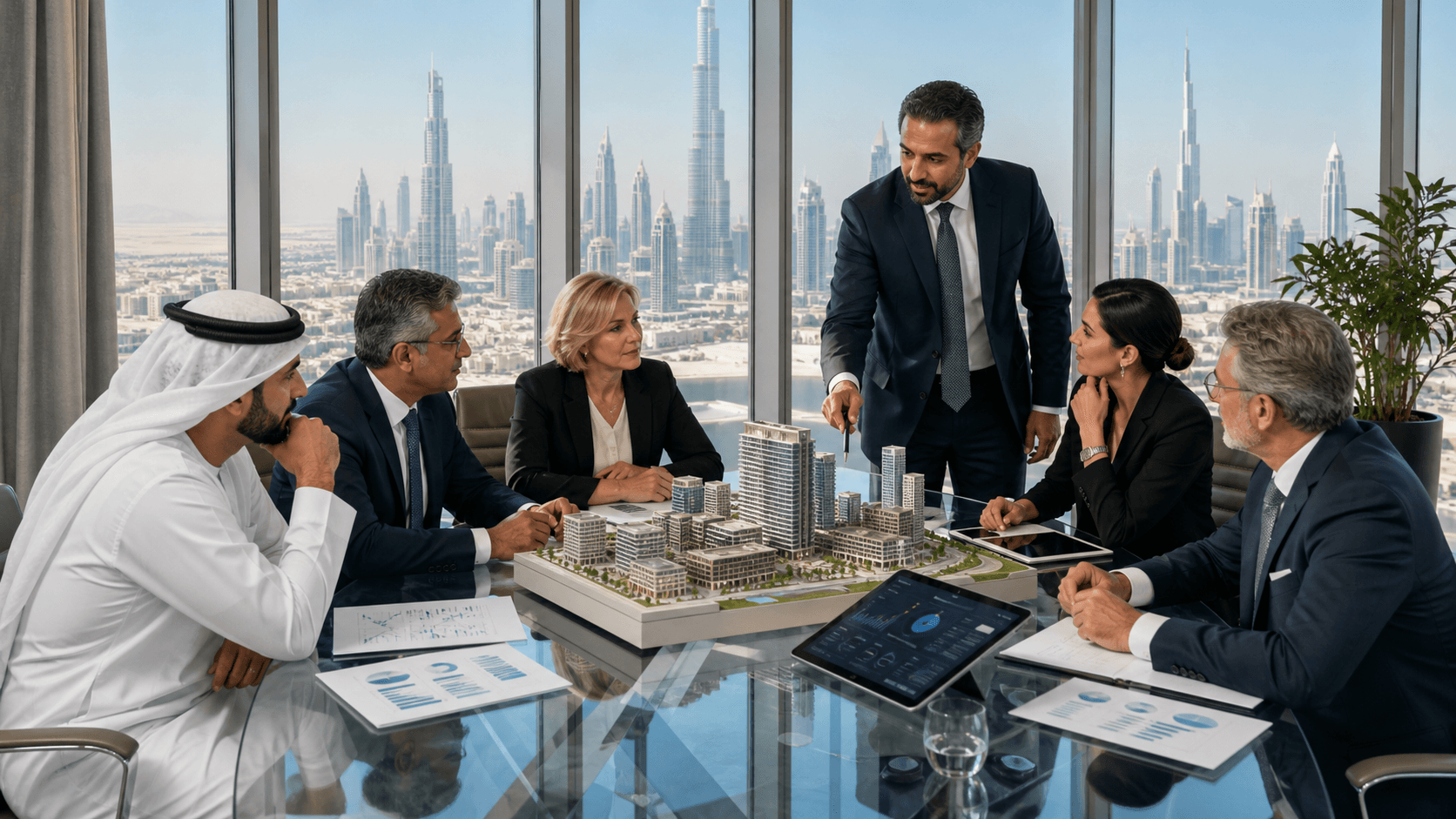 Dubai skyline beside financial charts and a handshake, lit by warm golden sunset tones.
