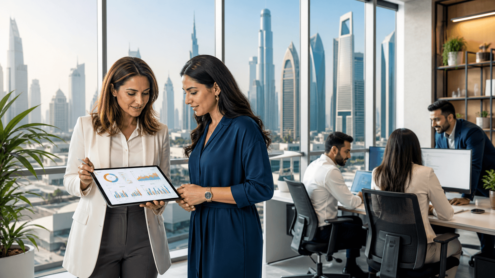 Split office scene with a Dubai skyline, calculator, laptop, and finance charts in warm blue and gold tones.