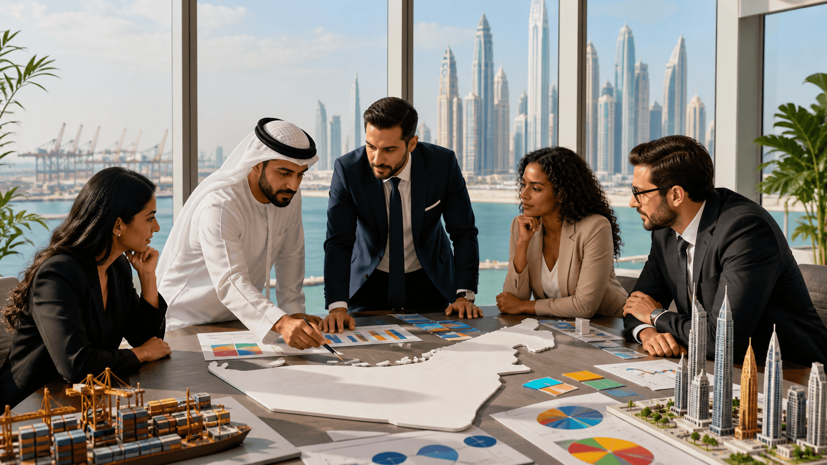 Modern Dubai skyline with glowing blue data overlays, UAE flag accents, and a rising gold pathway.