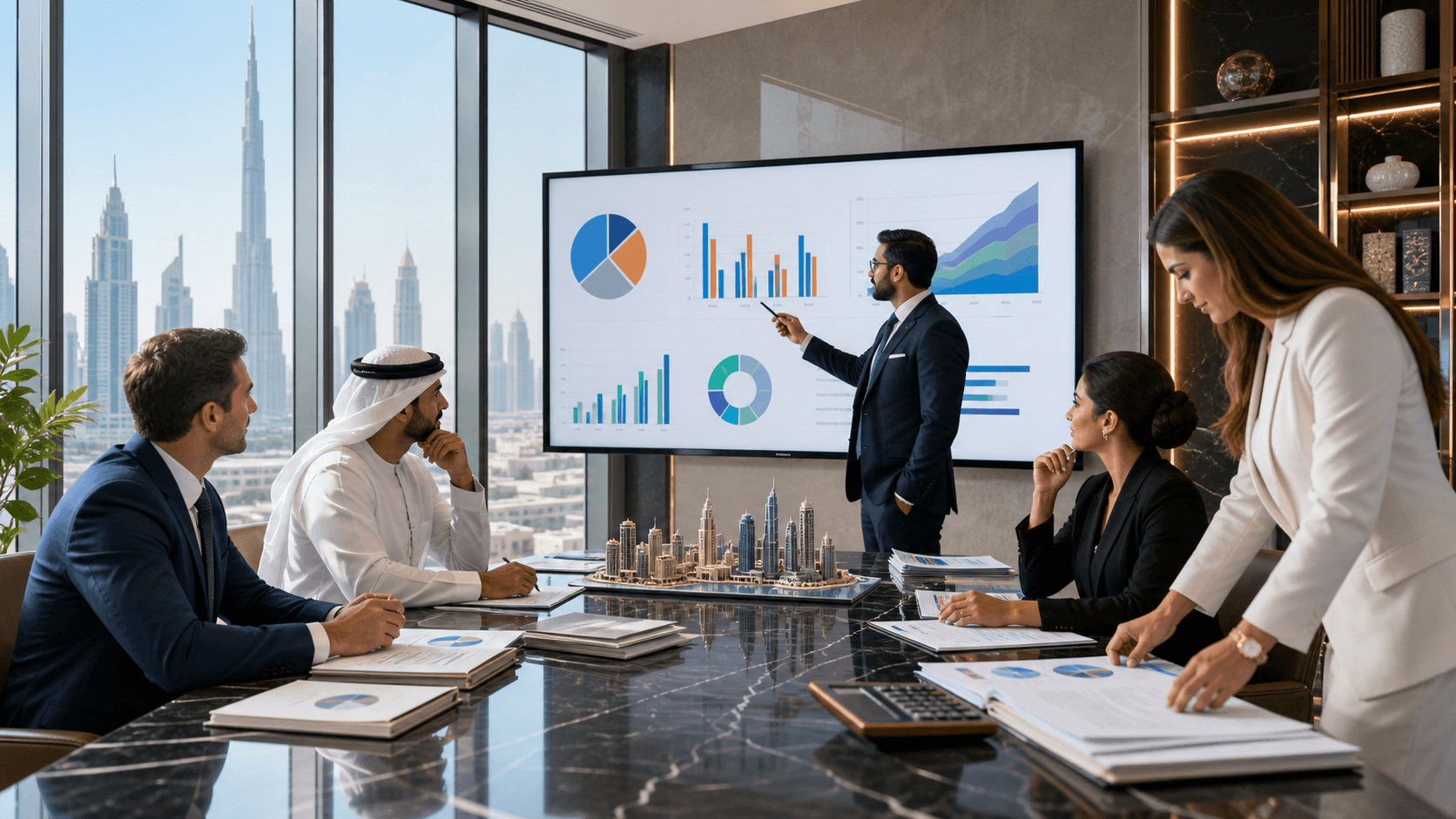 Businessman reviews financial charts beside a calculator and UAE flag on a blue-lit desk.