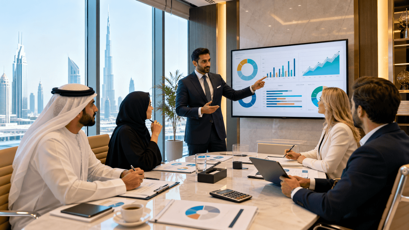 Modern office desk with financial charts, laptop, and Dubai skyline in warm golden light.