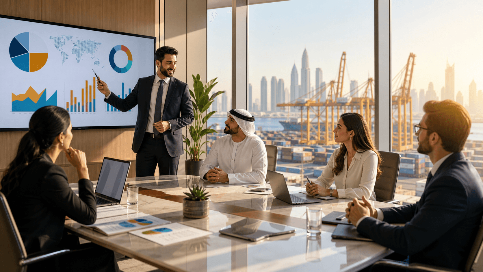 Modern Dubai skyline with glass towers, UAE flag colors, and a sunlit waterfront in a clean corporate illustration.