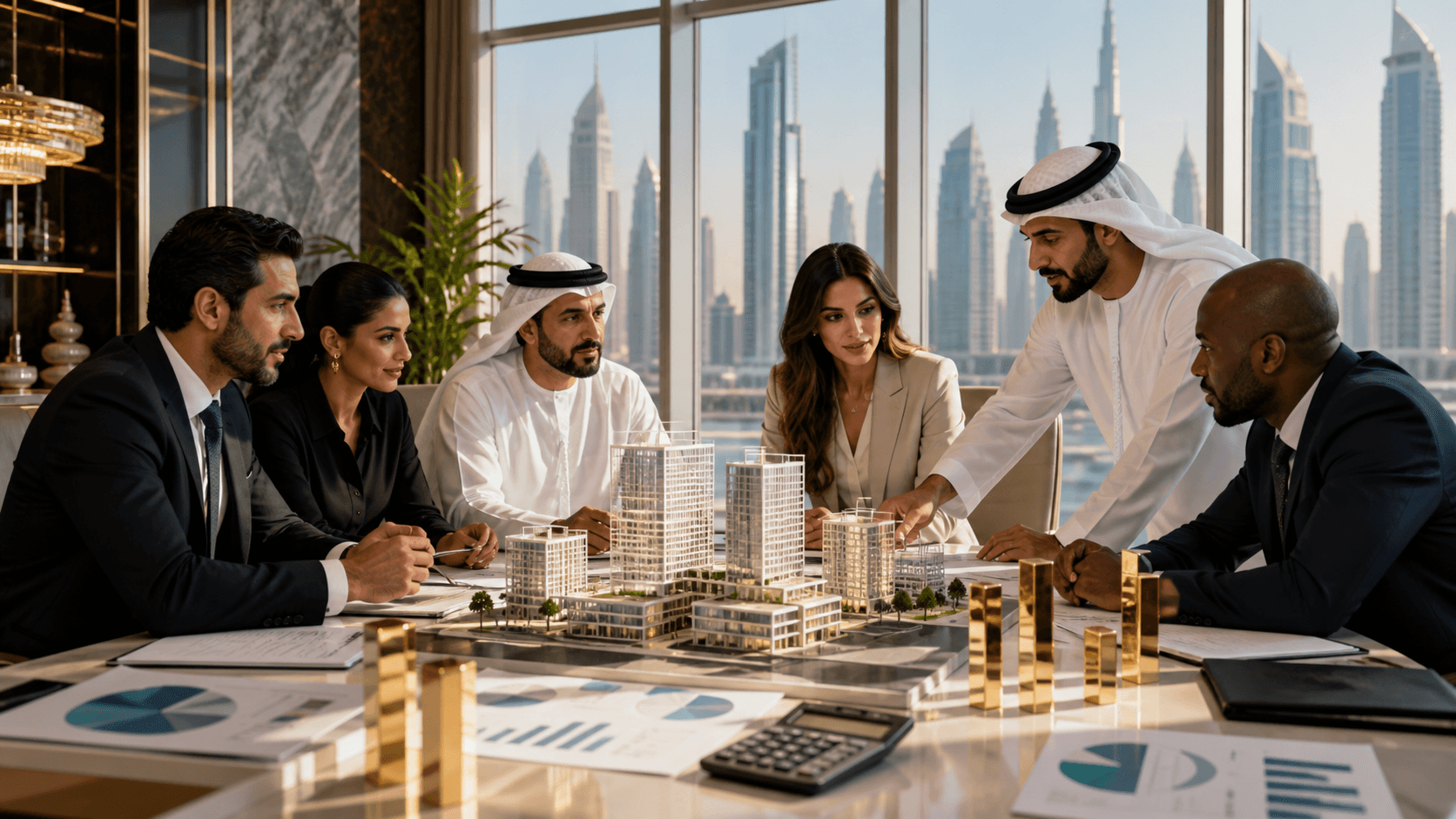 Gold scales beside UAE skyline and financial charts on a blue, softly lit background.