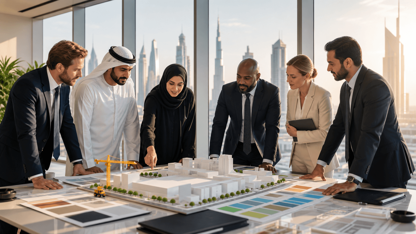 Businesswoman reviewing charts and documents at a desk with a city skyline visible through large windows.