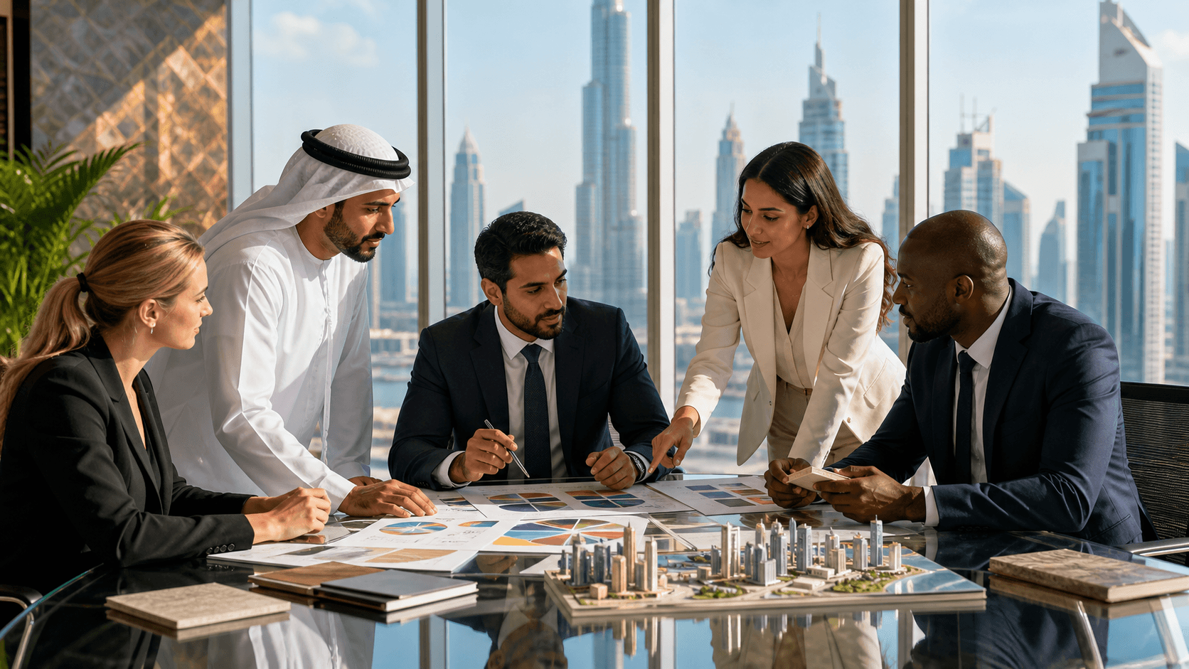 Business professionals review colorful market charts on a glowing digital screen against a dark blue city backdrop.