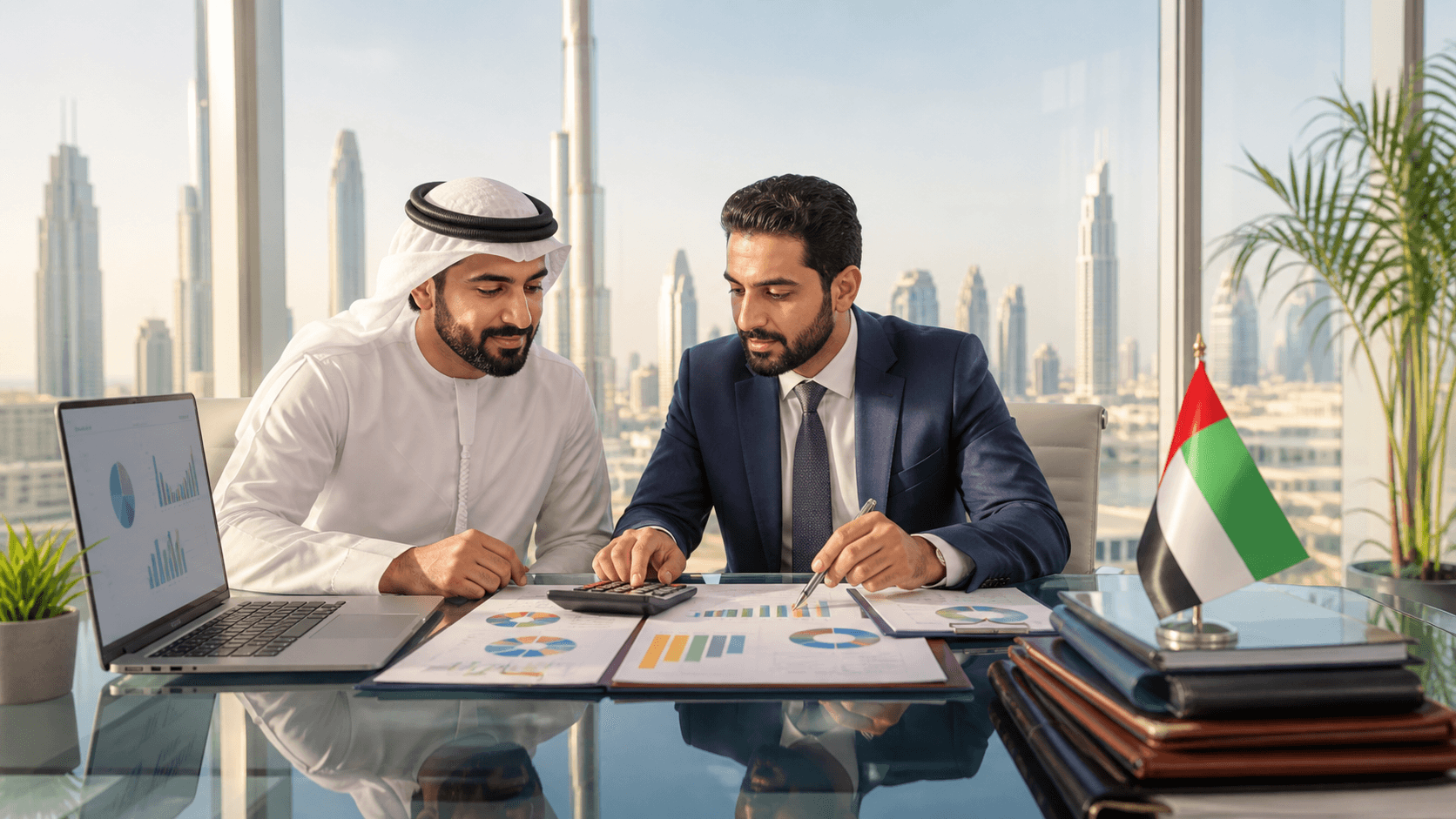 UAE flag beside a calculator, tax forms, and coins on a desk with Dubai skyline in the background.