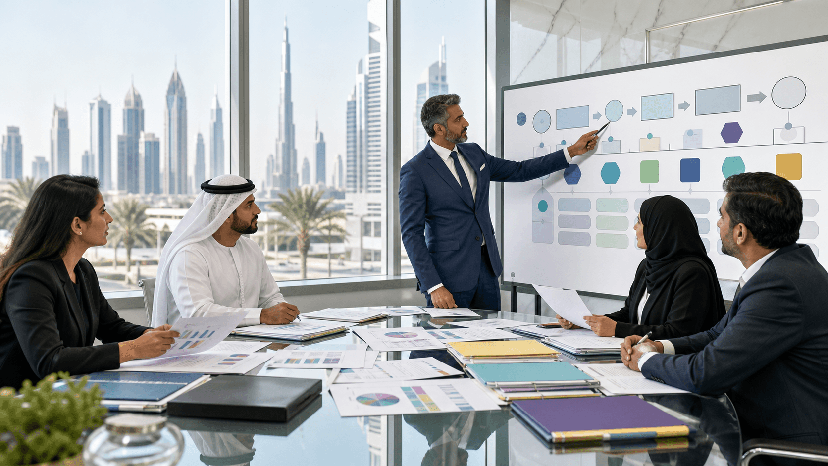 Businessman reviews tax documents beside a calculator and UAE flag against a blue city skyline.